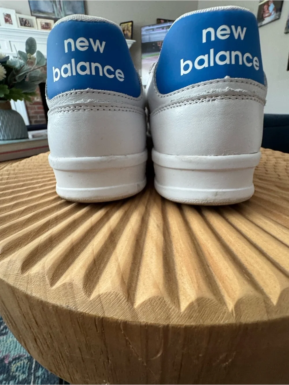New Balance White Sneakers with Blue Heel Accent